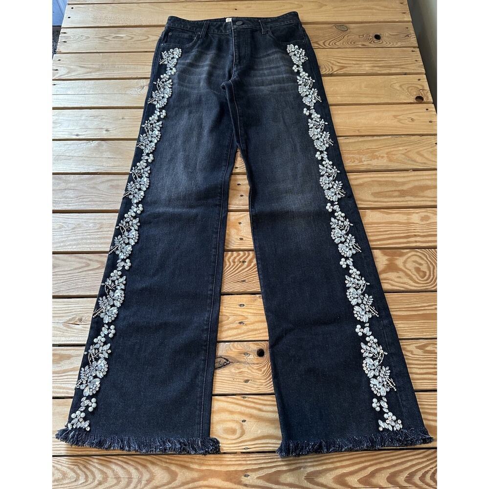 NEW Alice + Olivia Bejeweled High Waist Jeans Size 26 Women’s Black
